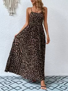 SHEIN LUNE Leopard Print Pleated Hem Cami Dress - Brown - View 3