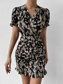Chiquease Allover Print Surplice Neck Ruched Ruffle Hem Dress - Black - View 3