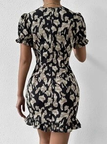 Chiquease Allover Print Surplice Neck Ruched Ruffle Hem Dress - Black - View 4