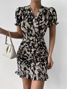 Chiquease Allover Print Surplice Neck Ruched Ruffle Hem Dress - Black - View 1