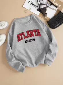 SHEIN EZwear 字母圖案加絨內裏運動衫 - 灰色 - 查看 1