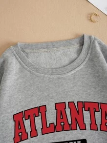 SHEIN EZwear 字母圖案加絨內裏運動衫 - 灰色 - 查看 5