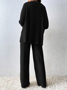 SHEIN LUNE Bộ đồ hai mảnh nữ Chia Gân đan màu trơn Giải trí - màu đen - Xem 2
