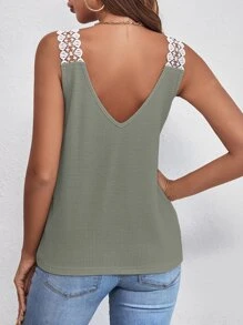 SHEIN Frenchy Contrast Guipure Lace Tank Top Summer Green Green Casual Christmas - Green - View 2