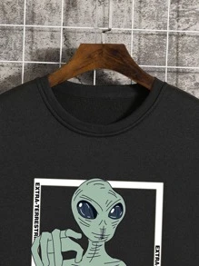 Manfinity Dauomo 男士外星人和字母圖案加絨內裏運動衫 - 黑色 - 查看 3