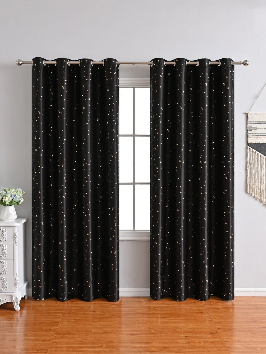 Metallic Star Pattern Single Panel Blackout Curtain - Black - View 1