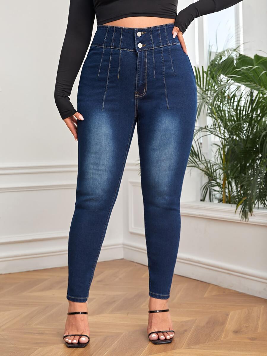 Plus High Waist Skinny Jeans - Dark Wash - View 1
