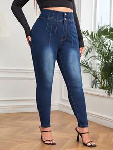 Plus High Waist Skinny Jeans - Dark Wash - View 3