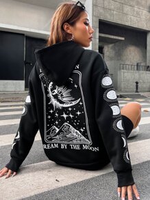 SHEIN Unity Slogan & Moon Print Drop Shoulder Hoodie - Black - View 2