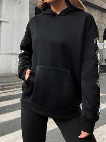 SHEIN Unity Slogan & Moon Print Drop Shoulder Hoodie - Black - View 3