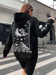 SHEIN Unity Slogan & Moon Print Drop Shoulder Hoodie - Black - View 5