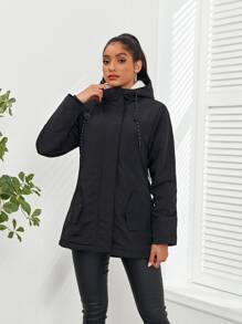 Apperloth A Teddy Lined Drawstring Hooded Slant Pockets Parka Padded Coat