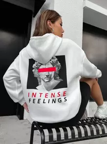 SHEIN Unity 人像和字母圖案抽繩連帽衫 - 白色 - 查看 1