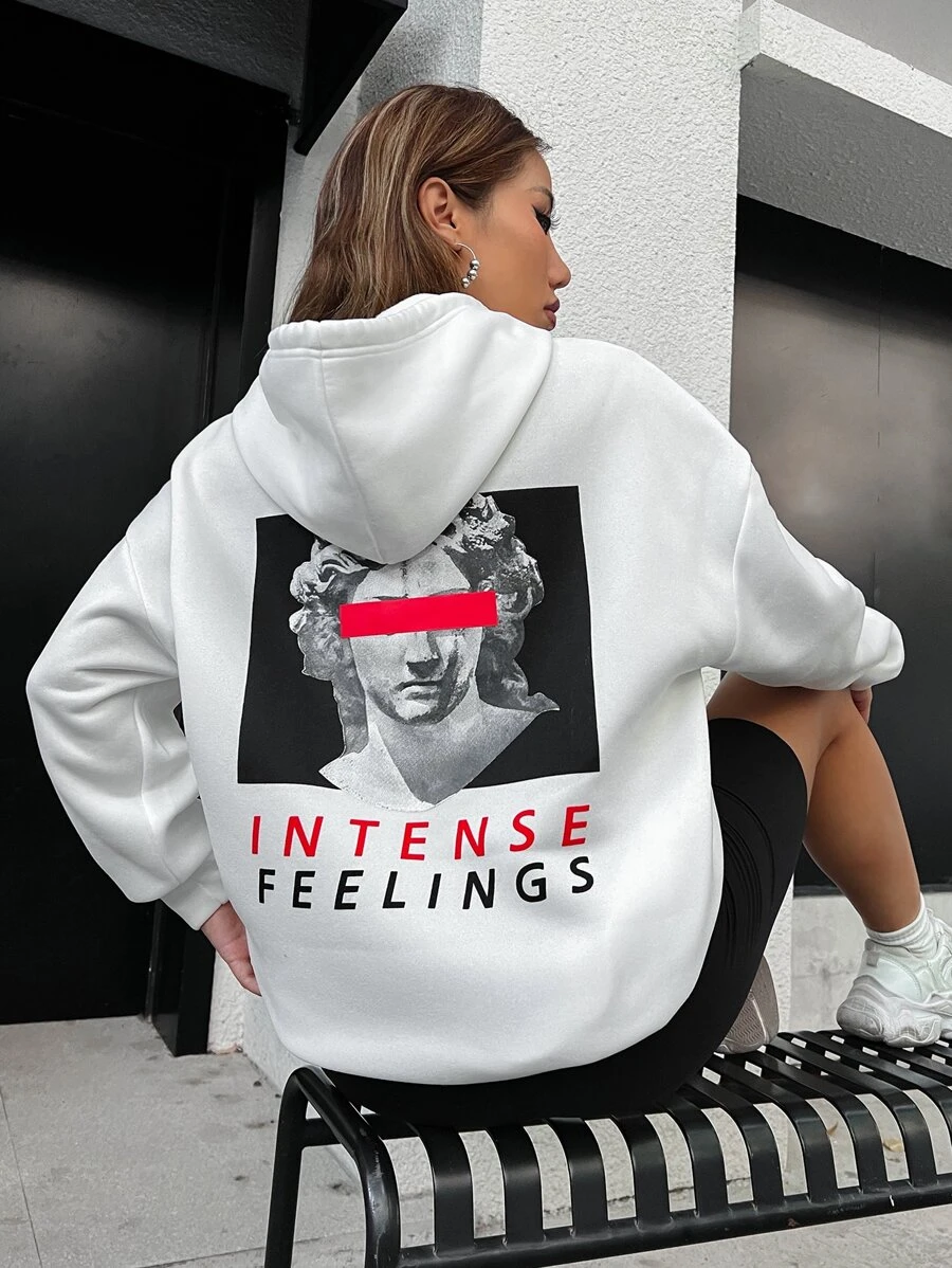 SHEIN Unity 人像和字母圖案抽繩連帽衫 - 白色 - 查看 1