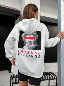 SHEIN Unity 人像和字母圖案抽繩連帽衫 - 白色 - 查看 4