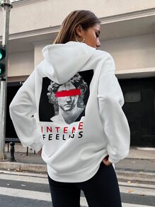 SHEIN Unity 人像和字母圖案抽繩連帽衫 - 白色 - 查看 5