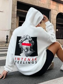 SHEIN Unity 人像和字母圖案抽繩連帽衫 - 白色 - 查看 6