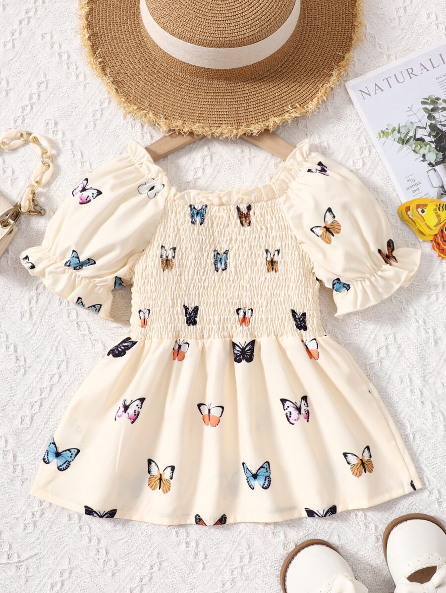 SHEIN 女小童杏蝴蝶形狀休閒度假公主袖襯衫帶大圓形領口,夏天 - 杏色 - 查看 1