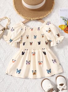 SHEIN 女小童杏蝴蝶形狀休閒度假公主袖襯衫帶大圓形領口,夏天 - 杏色 - 查看 2