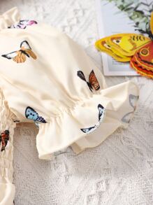 SHEIN 女小童杏蝴蝶形狀休閒度假公主袖襯衫帶大圓形領口,夏天 - 杏色 - 查看 6