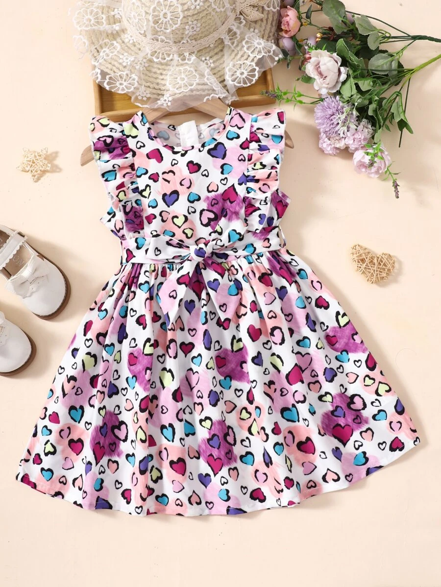 SHEIN Cô Gái Trẻ Hình trái tim In toàn bộ Kỳ nghỉ Đầm Với Tròn Đường viền cổ áo Cho mùa hè - Nhiều màu - Xem 1