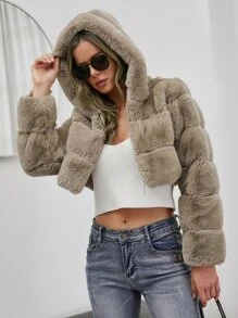 Abrigo con cremallera delantera con capucha corto de peluche - Caqui - Ver 1