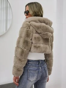 Abrigo con cremallera delantera con capucha corto de peluche - Caqui - Ver 2