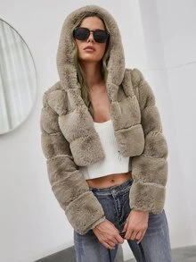 Abrigo con cremallera delantera con capucha corto de peluche - Caqui - Ver 3