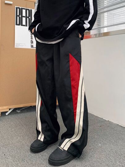 Claim Dot 宽松版型男士撞色侧缝抽绳腰裤宽松长款工装裤拼色外出男友礼物