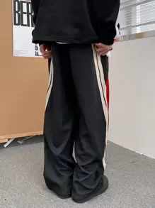 Claim Dot Men Contrast Side Seam Drawstring Waist Trousers - Black - View 2