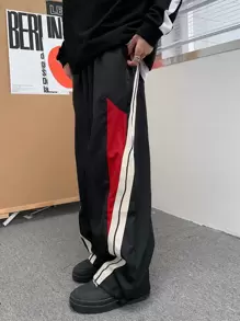 Claim Dot Men Contrast Side Seam Drawstring Waist Trousers - Black - View 6