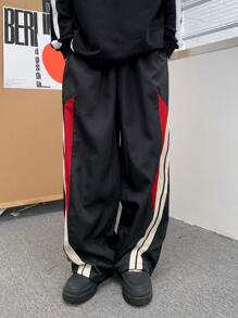 Claim Dot Men Contrast Side Seam Drawstring Waist Trousers - Black - View 7