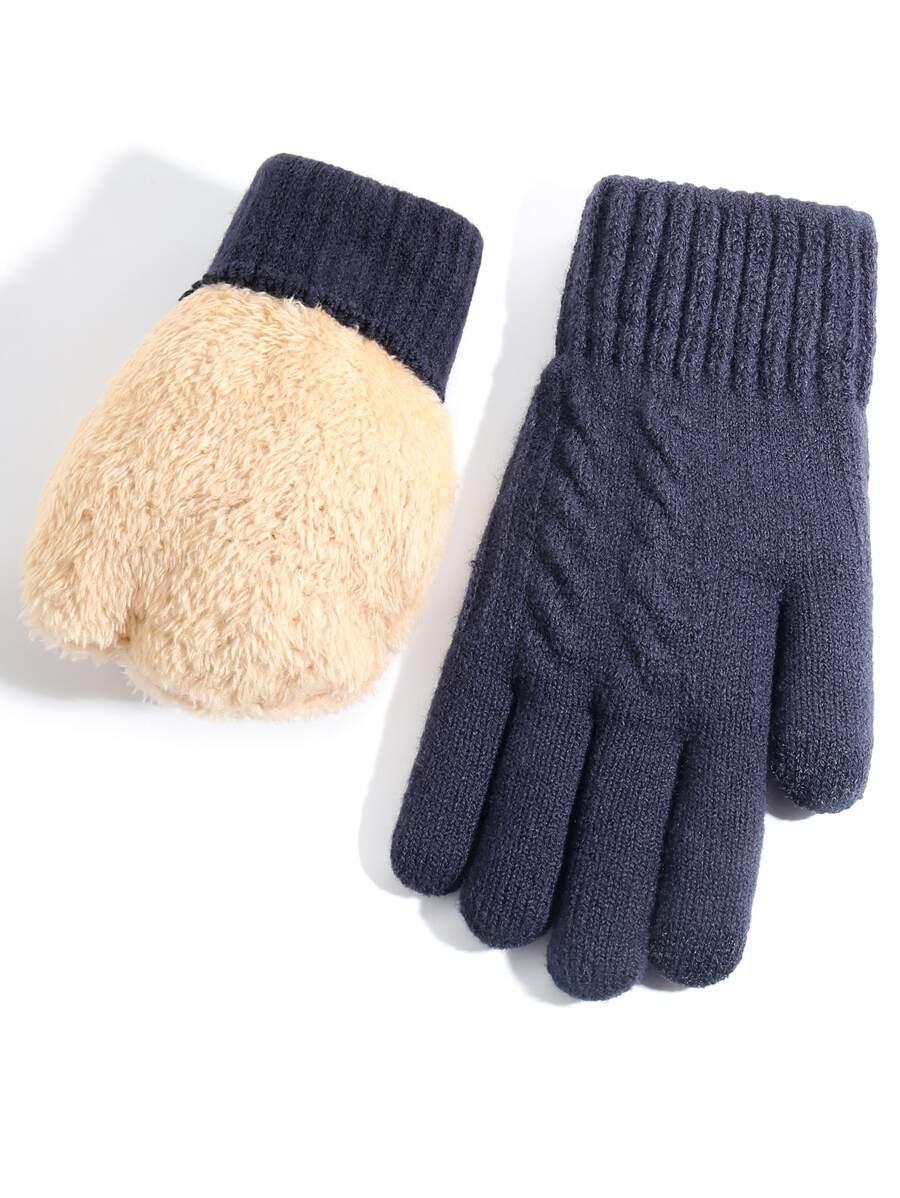 1 Pair Women's Winter Double-layer Thickened Velvet Touchscreen Knit Full Finger Gloves For Cold Weather, Warm And Suitable For Parties, Festivals, Driving, Cycling, Hiking, Running - Navy Blue - View 1