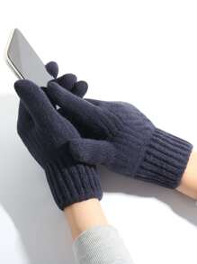 1 Pair Women's Winter Double-layer Thickened Velvet Touchscreen Knit Full Finger Gloves For Cold Weather, Warm And Suitable For Parties, Festivals, Driving, Cycling, Hiking, Running - Navy Blue - View 3