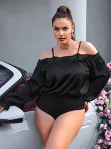 SHEIN SXY Plus Cold Shoulder Contrast Lace Bodysuit - Black - View 1