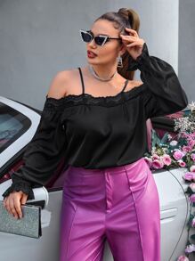 SHEIN SXY Plus Cold Shoulder Contrast Lace Bodysuit - Black - View 3