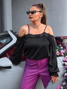 SHEIN SXY Plus Cold Shoulder Contrast Lace Bodysuit - Black - View 5