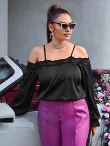 SHEIN SXY Plus Cold Shoulder Contrast Lace Bodysuit - Black - View 6