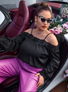 SHEIN SXY Plus Cold Shoulder Contrast Lace Bodysuit - Black - View 7