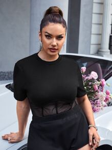SHEIN Privé Plus Contrast Mesh Tee - Black - View 3