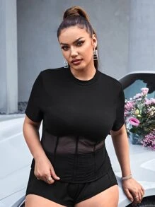 SHEIN Privé Plus Contrast Mesh Tee - Black - View 4