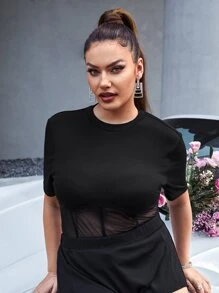 SHEIN Privé Plus Contrast Mesh Tee - Black - View 5