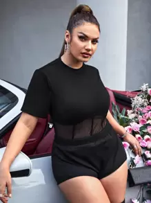 SHEIN Privé Plus Contrast Mesh Tee - Black - View 6