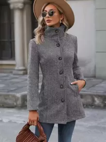 EMERY ROSE Button Front Pocket Side Overcoat Fall Winter Cloth For Women - Grey - View 1