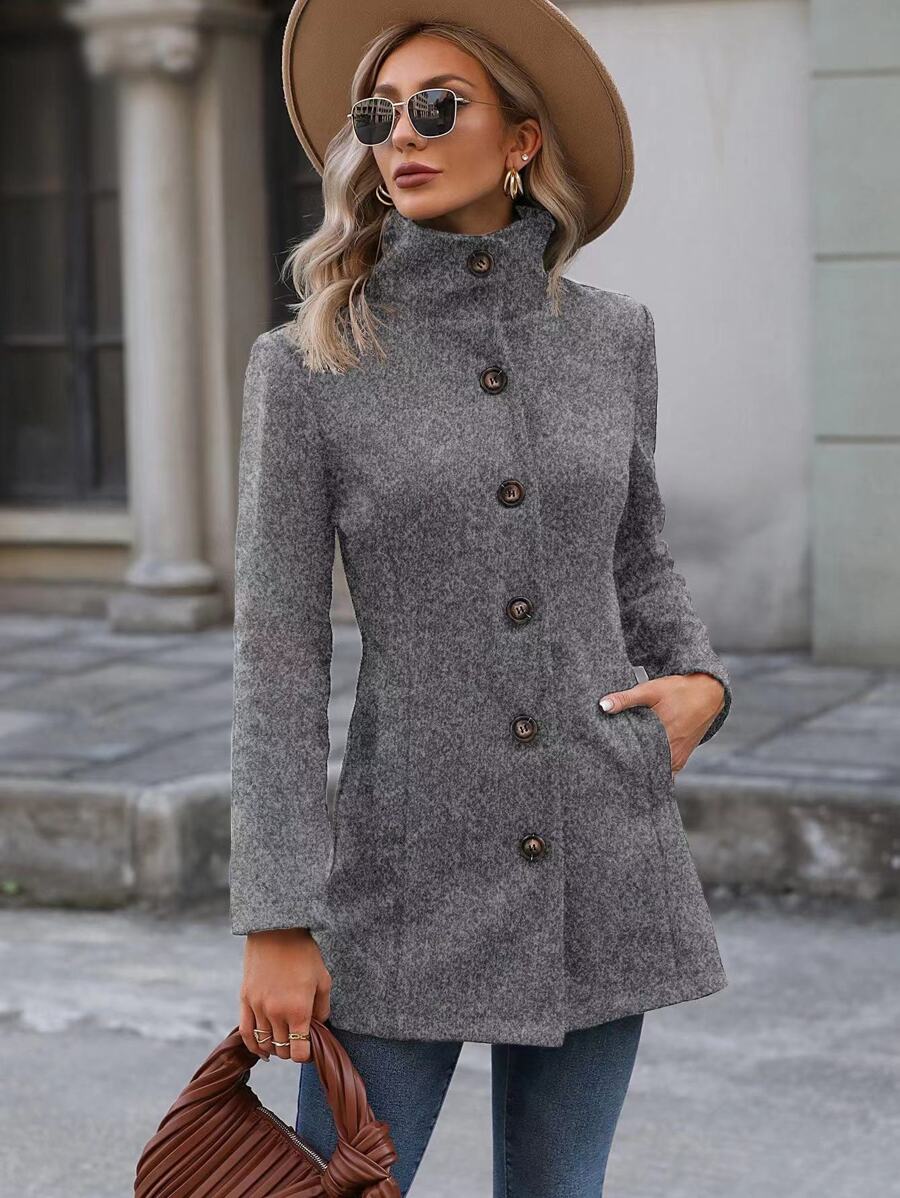 EMERY ROSE Button Front Pocket Side Overcoat Fall Winter Cloth For Women - Grey - View 1