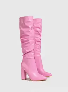 Women's Pointed Toe Chunky Heel Knee-High Boots With Side Zipper, Winter Warm Folded Boots