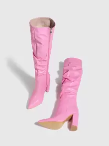 Women's Pointed Toe Chunky Heel Knee-High Boots With Side Zipper, Winter Warm Folded Boots