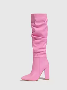 Women's Pointed Toe Chunky Heel Knee-High Boots With Side Zipper, Winter Warm Folded Boots