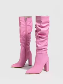 Women's Pointed Toe Chunky Heel Knee-High Boots With Side Zipper, Winter Warm Folded Boots