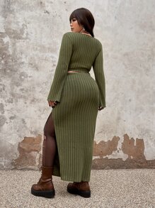 ROMWE PUNK ribete en forma de lechuga Camiseta & de muslo con abertura Falda - Verde militar - Ver 2